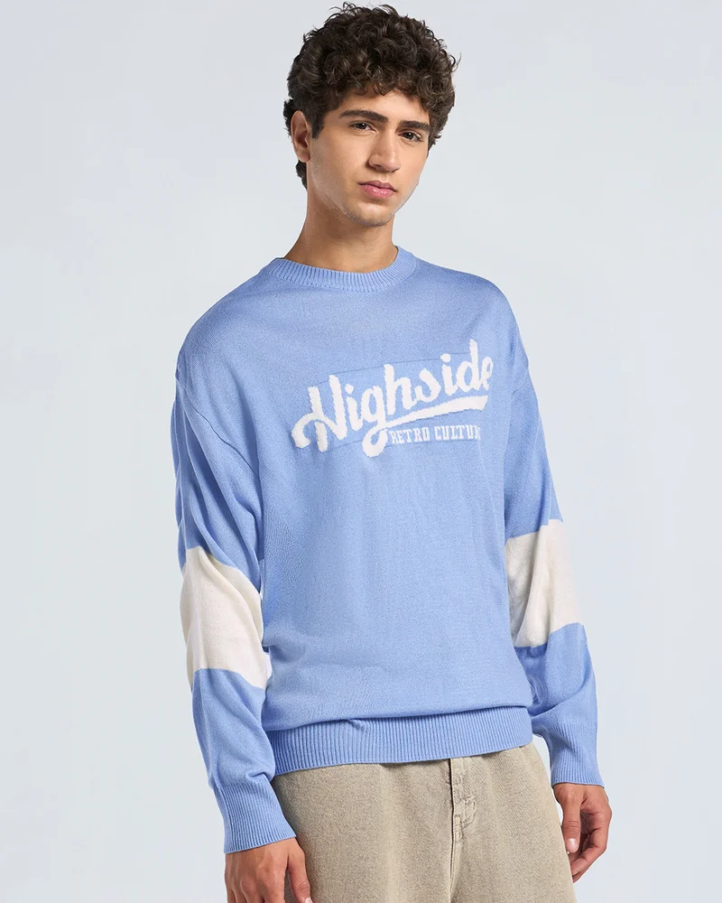 بيواكوف Men's Blue High Side Typography Flatknit Sweater